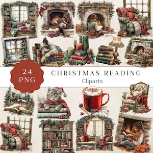 Clipart di lettura natalizia, grafica di lettura per le feste, clipart di libri, clipart di lettura natalizia, diario spazzatura, png di lettura, uso commerciale