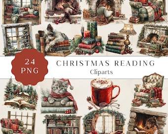 Christmas Reading Clipart, Holiday Reading Graphics, Book Clipart, Christmas Bookish Clipart, Junk Journaling, Reading Png, Commercial Use
