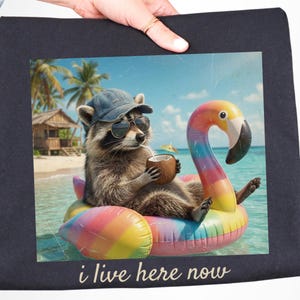 Raccoon Pool Float Funny “I Live Here Now” PNG Shirt Design, Vintage Distressed Summer Graphic