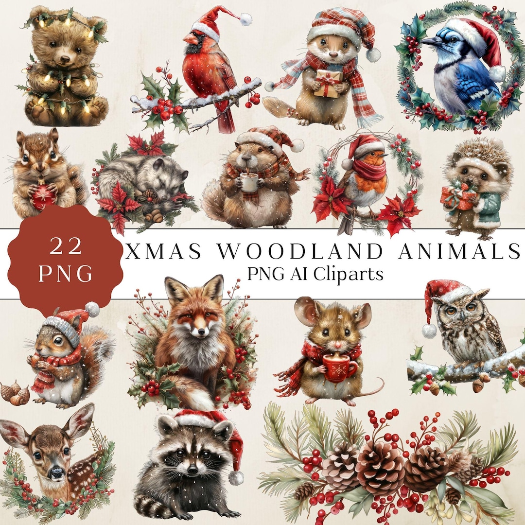 Woodland Christmas Png Clipart Bundle - Cute Forest Animals - Winter ...
