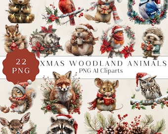 May include: A set of 22 digital clipart images featuring woodland animals dressed in festive Christmas attire. The animals include a bear, squirrel, deer, raccoon, fox, owl, beaver, hedgehog, blue jay, cardinal, and mouse. Each animal is depicted in a whimsical style with a red and green Christmas theme.