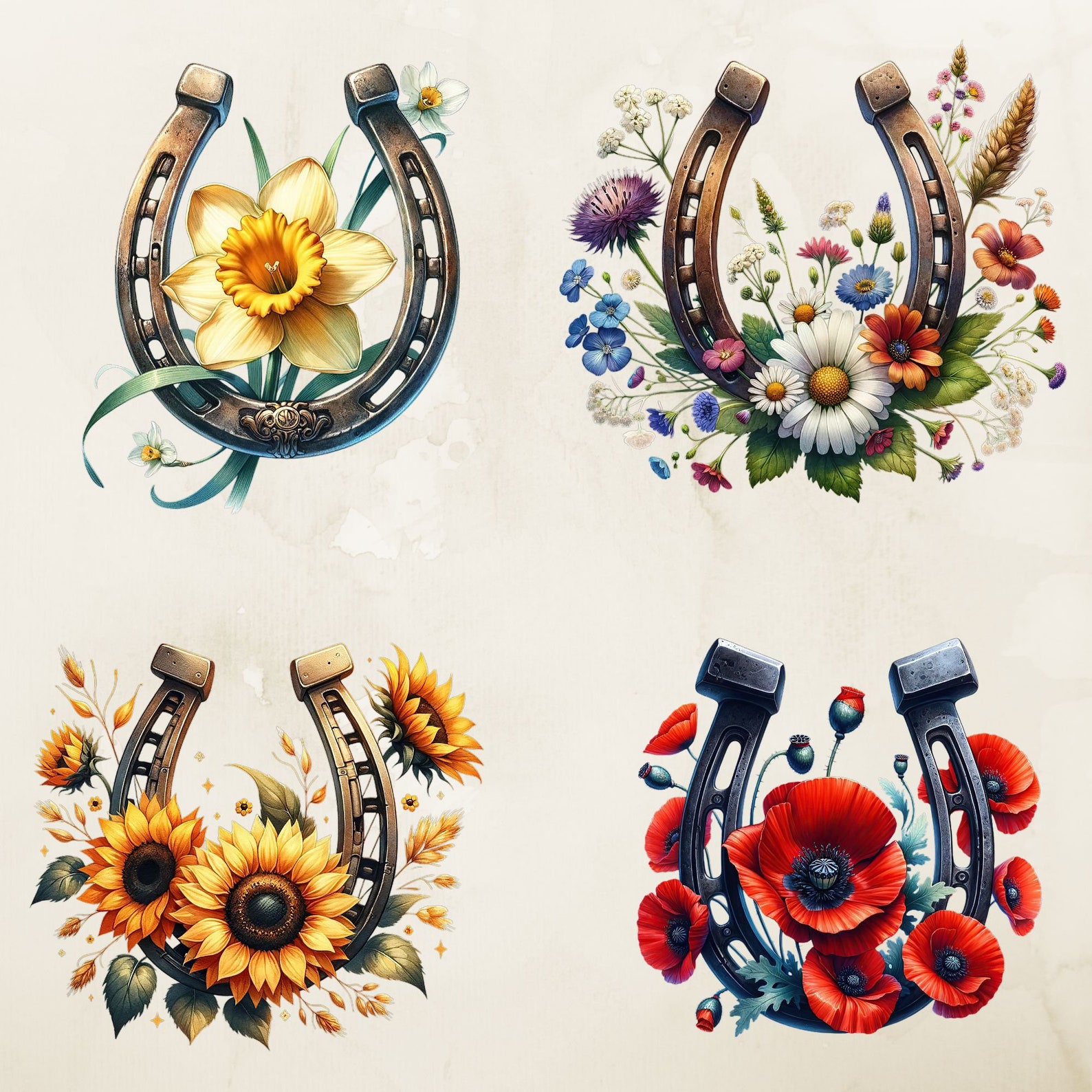 Watercolor Floral Horseshoe Clipart, Horse Lover Png, Horseshoe Flowers ...