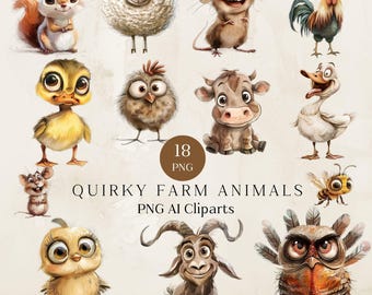 Watercolor Quirky Farm Animals clipart, Whimsical Farm Animals, Cute Farm Animals, Quirky Animals Png Clipart, Cute Caricature Pets, 300dpi