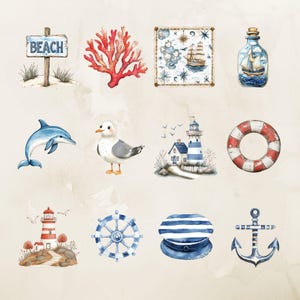 This set of 28 watercolor nautical cliparts features elements like anchors, sailboats, lighthouses, seashells, compasses, and starfish. Perfect for adding coastal charm to any design project, from scrapbooking and invitations to digital artwork. The soft, soothing colors and intricate details bring an ocean-inspired feel to your creations, making them ideal for both personal and commercial use.