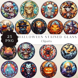 Clipart z witrażami na Halloween, gotyckie wzory PNG do sublimacji, pobieranie cyfrowe, dekoracje na Halloween, natychmiastowa sztuka na imprezy