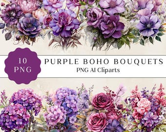 Purple Watercolor Floral Clipart, Boho Bouquet PNG (Digital Download)