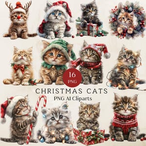 Aquarell Weihnachten Katze Clipart Bundle, süße Weihnachts Katze Clipart, süße Katzen in der Winterkleidung, Urlaub Cliparts für Katzenliebhaber