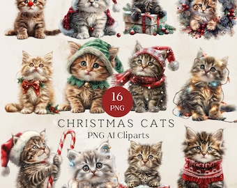 Watercolor Christmas Cat Clipart Bundle, Cute Christmas Cat Clipart, Cute Cats in Winter Clothes, Holiday Cliparts for Cat Lovers