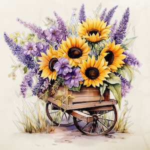 May include: A wooden wagon filled with a bouquet of sunflowers, lavender, and purple flowers. The wagon has two wheels and is sitting on a grassy surface.