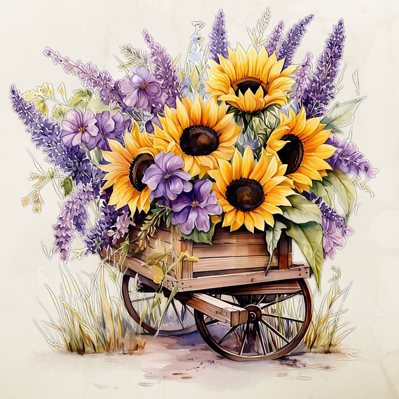 May include: A wooden wagon filled with a bouquet of sunflowers, lavender, and purple flowers. The wagon has two wheels and is sitting on a grassy surface.