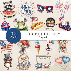 Clipart du 4 juillet, graphiques patriotiques, art numérique pour la fête de l'indépendance, conception de célébration du 4 juillet, art patriotique aquarelle