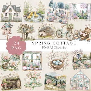 Aquarell Frühling Cottage Clipart, rustikale Frühling Illustrationen, süße Cottage Clipart, rustikale Frühling Kunst, gemütliche Cottagecore Kunst, Scrapbooking