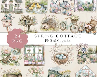 Aquarel lente huisje clipart, rustieke lente illustraties, schattige huisje clipart, rustieke lente kunst, gezellige cottagecore kunst, scrapbooking