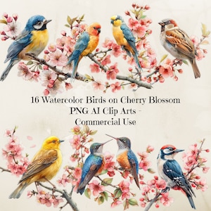 Imágenes prediseñadas de pájaros y flores de cerezo, conjunto de diario basura de pájaros y flores, imágenes prediseñadas de pájaros de jardín, flores de primavera, descarga digital, 300 ppp
