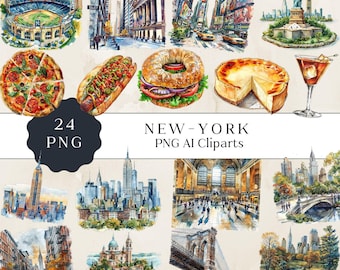 New York City Skyline Watercolor Clipart, Travel Art (PNG)