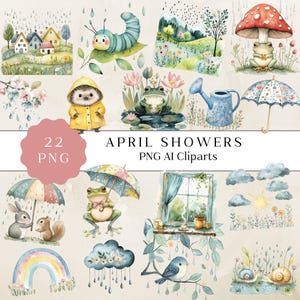 April Schauer Clipart, süße Frühling digitale Kunst, Aquarell Frühling Grafiken, Regentag Grafiken, Aquarell Blumen, kommerzielle Nutzung PNG