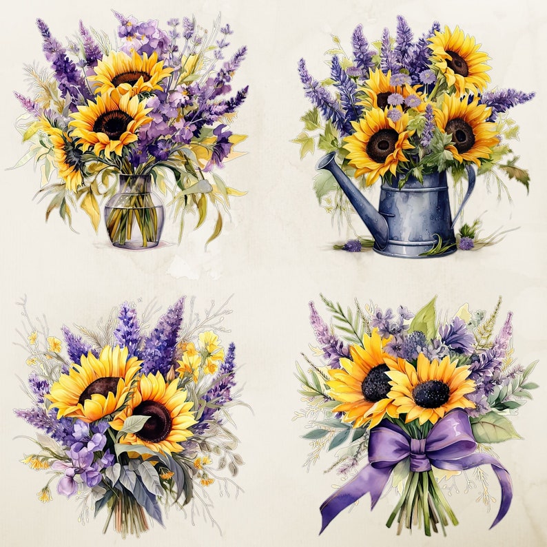 May include: Four watercolor paintings of bouquets of sunflowers and purple flowers. The bouquets are arranged in a vase, a watering can, and two hand-tied bouquets.