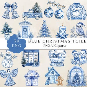 Clipart z Grandmillennial Christmas, Clipart z Vintage Christmas, Clipart z Chinoiserie Christmas Png, Clipart z Blue Toile, Grafika świąteczna