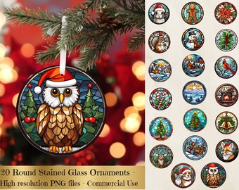 Paquete de adornos navideños de vitral, vitrales PNG, adornos navideños redondos PNG, descargas de diseños navideños de sublimación.