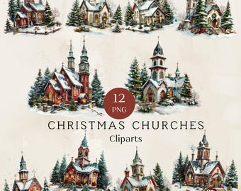 Christmas Clipart Church, Winter Church Watercolor Clipart, Christmas Church Png, Christian Clipart, 12 Church Png, Card Making, 300dpi
