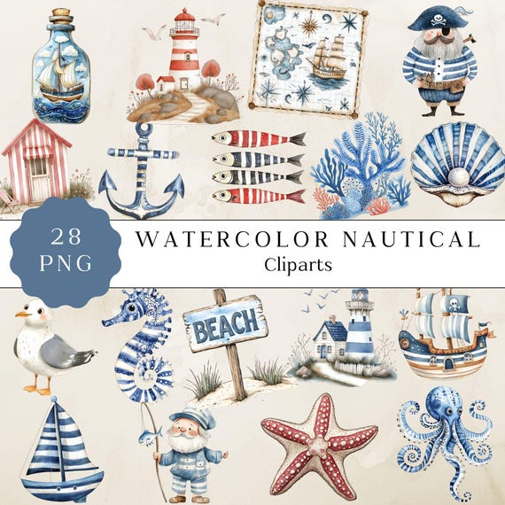 Watercolor Nautical Clipart, Nautical Png Graphics, Coastal Beach Sailing Collection, Ocean Decor, Seashells, Lighthouse, Compass