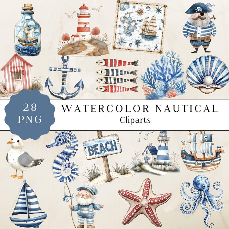 This set of 28 watercolor nautical cliparts features elements like anchors, sailboats, lighthouses, seashells, compasses, and starfish. Perfect for adding coastal charm to any design project, from scrapbooking and invitations to digital artwork. The soft, soothing colors and intricate details bring an ocean-inspired feel to your creations, making them ideal for both personal and commercial use.