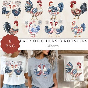 Patriotic Chicken PNG Clipart, 4th of July Sublimation Art, USA Hen Illustration, Red White Blue Farm Animal Design, Independence Day