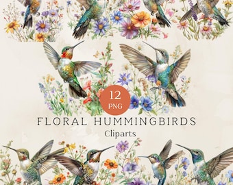 Watercolor Hummingbird Clipart, Pastel Floral Bird PNG (Digital Download)