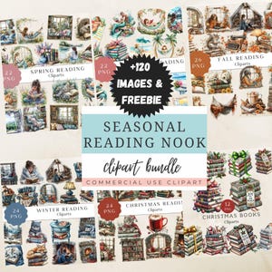 Watercolor Reading Nook Clipart Bundle, Bookworm Clipart Bundle, Watercolor Books Clipart, Bookworm PNG, Cute Reading Nook, Commercial Use