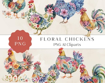 Watercolor Floral Chicken Png,  Cardmaking Chickens, Watercolor Rooster Clipart, Chicken Clipart, Spring Chicken Watercolor, Transparent Png