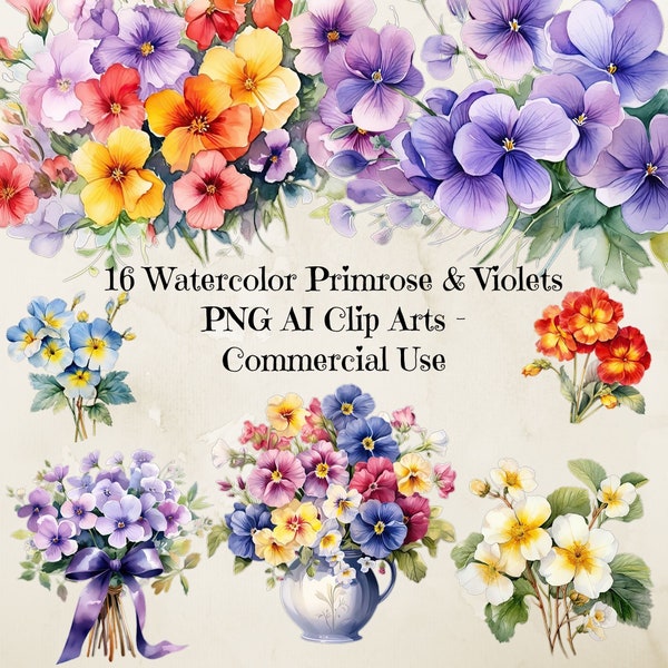 Aquarelle Primrose Clipart, Primrose Png, Fleur de février, Fleur du mois de naissance, Primevères jaunes, Artisanat en papier numérique, Violettes Png