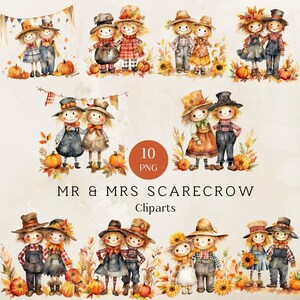 Watercolor Scarecrow Clipart Bundle, Scarecrow Clipart, Autumn Clipart, Commercial And Personal Use, Transparent Background, Fall Clipart
