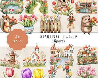 Conjunto de imágenes prediseñadas de tulipanes primaverales en acuarela, gráficos PNG florales, uso comercial (26 archivos)