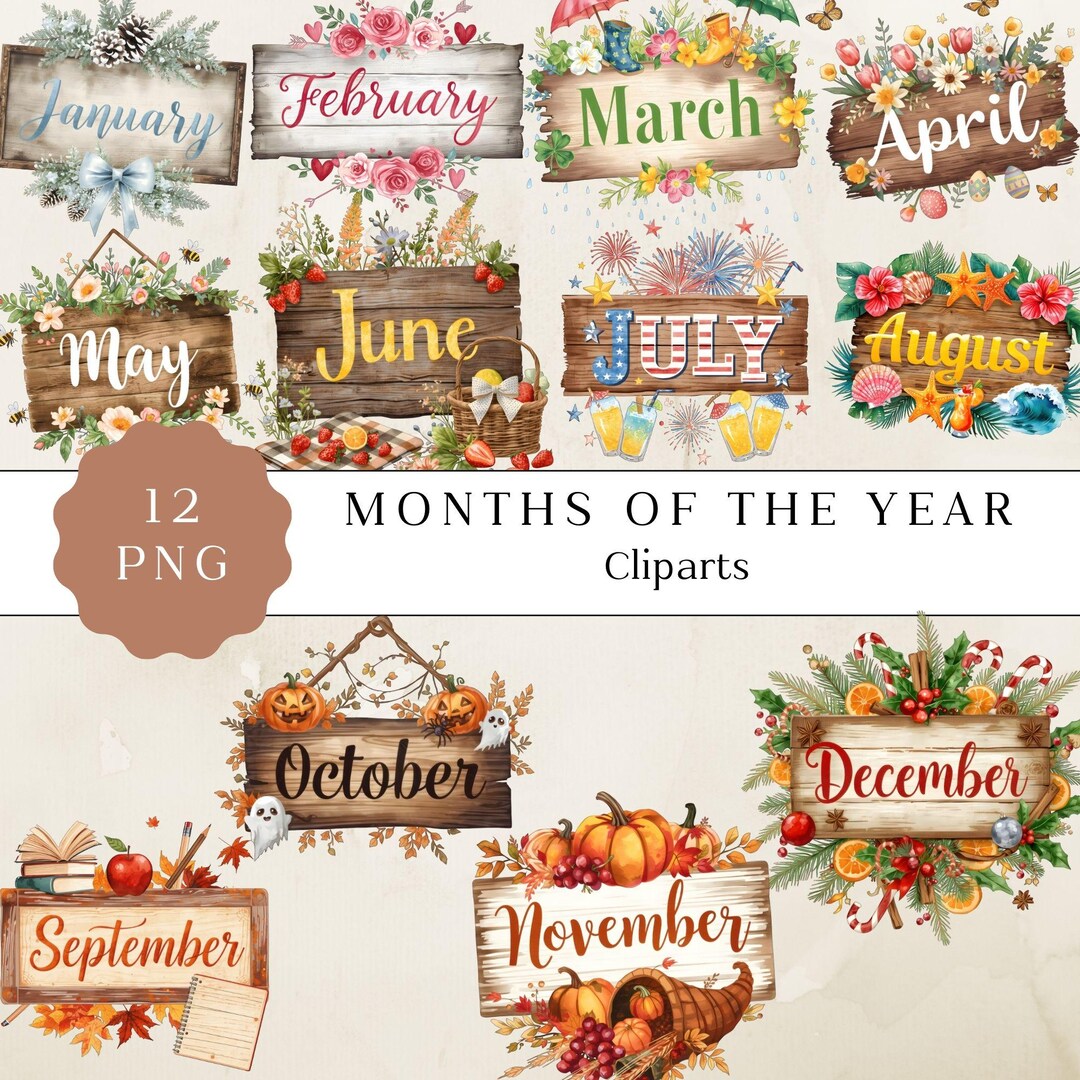 Watercolor Months of the Year Clipart, 12 Seasonal PNG Files for ...