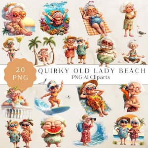 Alte Dame Strand Clipart, schrullig Sommer Oma Grafiken, lustige alte Dame Clipart, Strand alte Dame PNG, digitaler Download für Kunsthandwerk