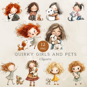 Quirky Girl with Animal Clipart, Cute Whimsical Elements, High Quality PNGs, Cute Paper Craft, Whimsical Paper Craft, Digital Download