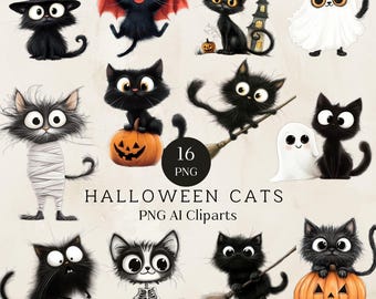 Quirky Cat Halloween Clipart, Whimsical Kitten, Whimsy Cats, Halloween Cat Clipart, Cute Cat Halloween Graphics, Halloween Cat Illustrations