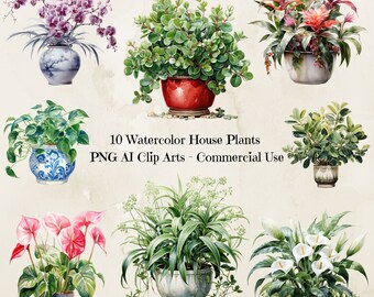 Watercolor Potted House Plants Clipart, PNG Floral Illustration (Instant Download)