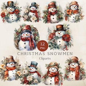 Watercolor Cute Snowmen Png Cliparts, Vintage Snowman, Printable Watercolor Clipart, 12 High Quality Jpgs, Snowman Download, Card Making