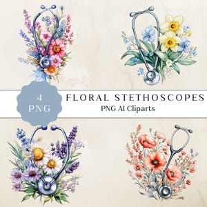 花の聴診器のクリップアート、かわいい花の聴診器のPNG、花の看護師のクリップアート、医療アート、医療グラフィックス、看護師向けデジタルダウンロード