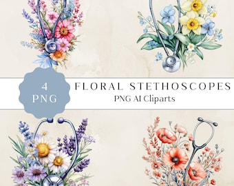 Floral Stethoscope Clipart, Cute Floral Stethoscope PNG, Floral Nurse Clipart, Medical Art, Medical Graphics, Digital Download for nurses
