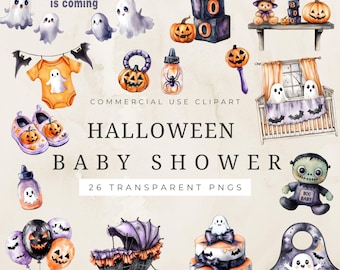 Halloween Baby Shower Clipart, Cute Watercolor Designs, Digital Download for Fall Celebrations, Digital Download for Fall Baby Shower Decor