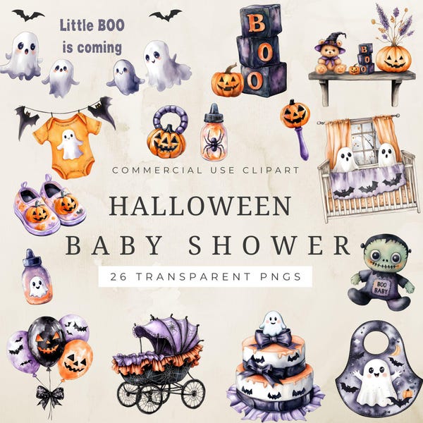 以下が含まれることがあります： ハロウィーンをテーマにしたベビーシャワーの水彩イラスト。お化け、カボチャ、ベビー服、ベビーカー、風船、ケーキ、そして「Little BOO is coming」と「Halloween Baby Shower」の文字が含まれています。
