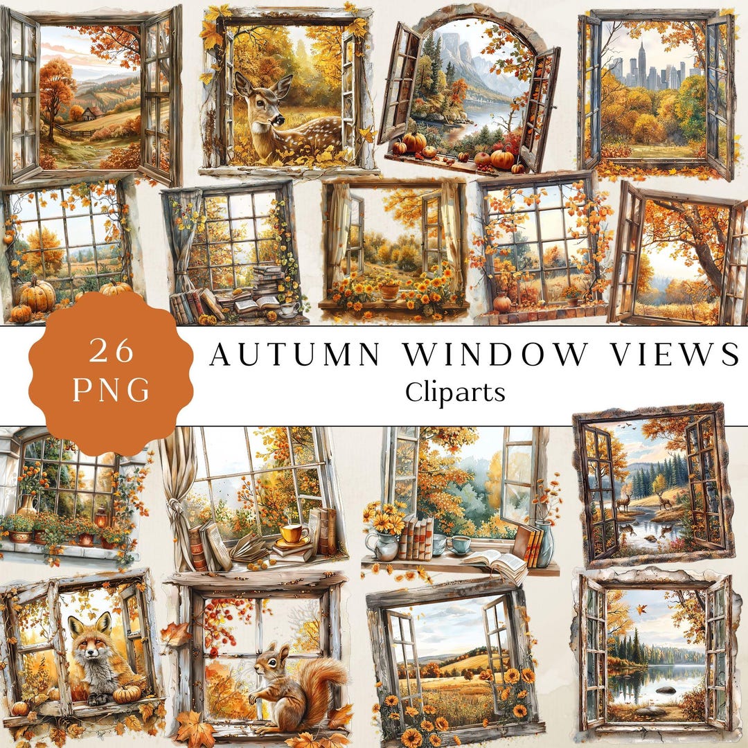 Autumn Window Clipart, Fall Scene PNG, Junk Journal (digital Download ...