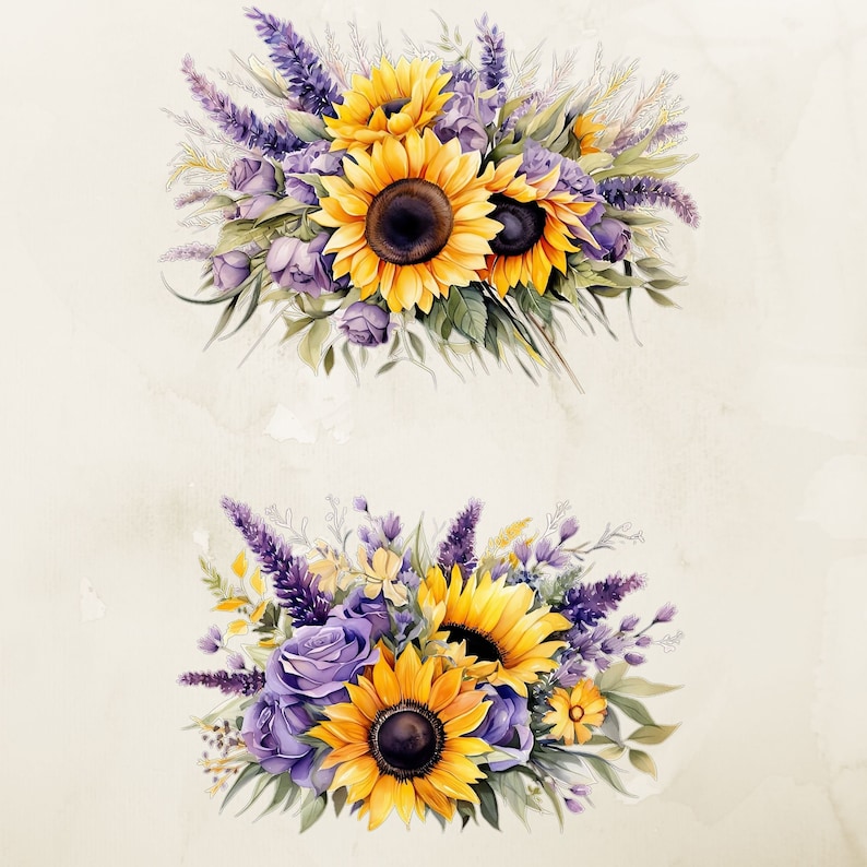 May include: Two watercolor paintings of bouquets of sunflowers, lavender, and purple roses. The bouquets are arranged in a loose, natural style.