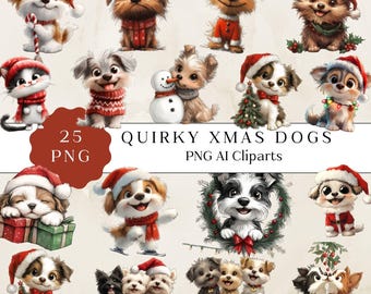 May include: A set of 25 digital clipart images featuring quirky Christmas dogs in various poses and wearing festive attire. The dogs are depicted in a cartoon style with bright colors and playful expressions. The images are perfect for adding a touch of holiday cheer to your digital projects.