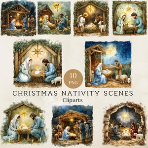 Könnte beinhalten: Aquarellillustrationen von Weihnachtskrippenszenen. Jede Szene zeigt die Geburt Jesu in einem Stall, mit Maria, Josef und dem Jesuskind. Die Bilder zeigen Engel, Tiere und einen Stern.