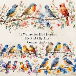 Bannières et oiseaux Clip Art, bordure aquarelle oiseau floral Png, clipart oiseau floral, bordure aquarelle oiseau fleur, cadre oiseau fleur, 300 dpi