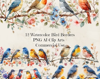 Bird Clipart on a Branch, Cute Watercolor Birds PNG, Digital Art for Scrapbooking, Nature-Themed Crafts, Nature Art for Scrapbooks