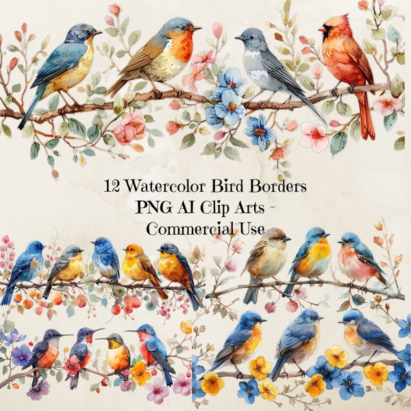 Banners and Birds Clip Art, Watercolor Border Floral Bird Png, Floral Bird Clipart, Watercolor Flower Bird Border, Flower Bird Frame, 300dpi
